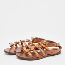Pre Owned Tory Burch Tan Leather Kira Bow Flat Sandals Size 37