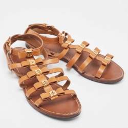 Pre Owned Tory Burch Tan Leather Kira Bow Flat Sandals Size 37