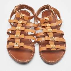 Pre Owned Tory Burch Tan Leather Kira Bow Flat Sandals Size 37
