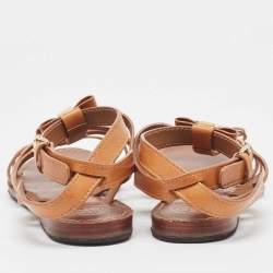 Pre Owned Tory Burch Tan Leather Kira Bow Flat Sandals Size 37
