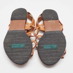 Pre Owned Tory Burch Tan Leather Kira Bow Flat Sandals Size 37