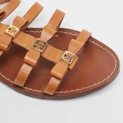 Pre Owned Tory Burch Tan Leather Kira Bow Flat Sandals Size 37
