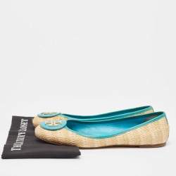 Pre Owned Tory Burch Beige/Blue Raffia and Leather Ballet Flats Size 41.5