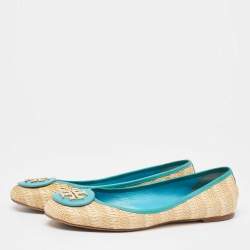 Pre Owned Tory Burch Beige/Blue Raffia and Leather Ballet Flats Size 41.5