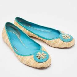 Pre Owned Tory Burch Beige/Blue Raffia and Leather Ballet Flats Size 41.5