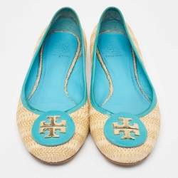 Pre Owned Tory Burch Beige/Blue Raffia and Leather Ballet Flats Size 41.5