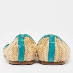 Pre Owned Tory Burch Beige/Blue Raffia and Leather Ballet Flats Size 41.5