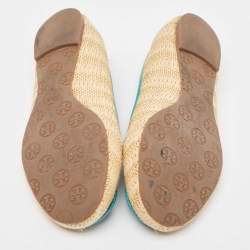 Pre Owned Tory Burch Beige/Blue Raffia and Leather Ballet Flats Size 41.5