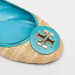 Pre Owned Tory Burch Beige/Blue Raffia and Leather Ballet Flats Size 41.5