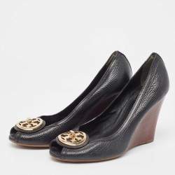 Tory Burch Black Leather Wedge  Pumps Size 38