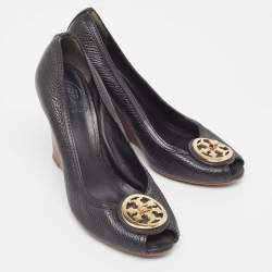 Tory Burch Black Leather Wedge  Pumps Size 38