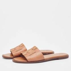 Pre Owned Tory Burch Brown Leather Ines Flat Slides Size 39.5