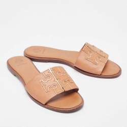 Pre Owned Tory Burch Brown Leather Ines Flat Slides Size 39.5