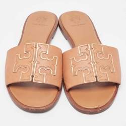 Pre Owned Tory Burch Brown Leather Ines Flat Slides Size 39.5