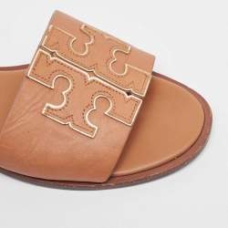 Pre Owned Tory Burch Brown Leather Ines Flat Slides Size 39.5