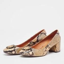 Pre Owned Tory Burch Cream/Black Python Embossed Leather Multi Logo Pumps Size 39.5