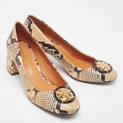 Pre Owned Tory Burch Cream/Black Python Embossed Leather Multi Logo Pumps Size 39.5