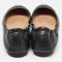 Pre Owned Tory Burch Black Embossed Snakeskin Scrunch Ballet Flats Size 39