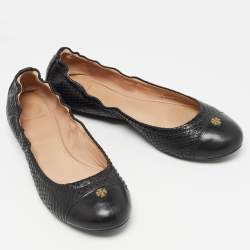 Pre Owned Tory Burch Black Embossed Snakeskin Scrunch Ballet Flats Size 39