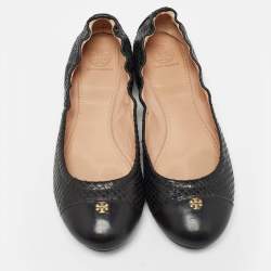Pre Owned Tory Burch Black Embossed Snakeskin Scrunch Ballet Flats Size 39