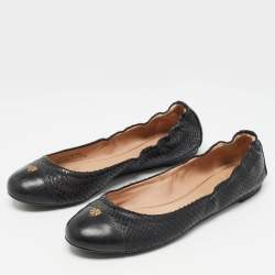 Pre Owned Tory Burch Black Embossed Snakeskin Scrunch Ballet Flats Size 39