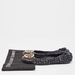 Tory Burch Navy Blue Leather And Tweed Cap Toe Ballet Flats Size 37.5