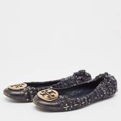 Tory Burch Navy Blue Leather And Tweed Cap Toe Ballet Flats Size 37.5