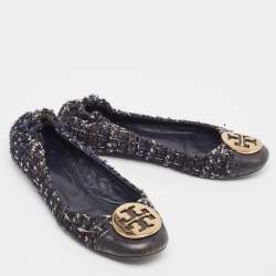 Tory Burch Navy Blue Leather And Tweed Cap Toe Ballet Flats Size 37.5