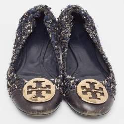 Tory Burch Navy Blue Leather And Tweed Cap Toe Ballet Flats Size 37.5
