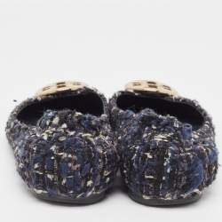 Tory Burch Navy Blue Leather And Tweed Cap Toe Ballet Flats Size 37.5