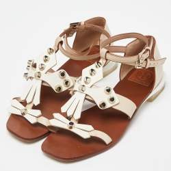 Tory Burch Beige Leather Studded Flat Sandals Size 37