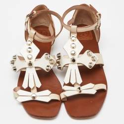 Tory Burch Beige Leather Studded Flat Sandals Size 37