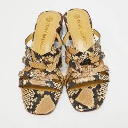 Pre Owned Tory Burch Beige Python Embossed Leather Slide Sandals Size 39