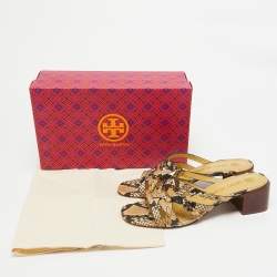 Pre Owned Tory Burch Beige Python Embossed Leather Slide Sandals Size 39