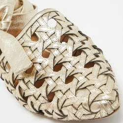 Pre Owned Tory Burch Gold Leather Basketweave Flat Sandals Size 39.5