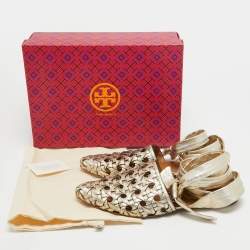 Pre Owned Tory Burch Gold Leather Basketweave Flat Sandals Size 39.5
