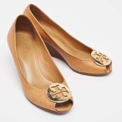 Tory Burch Brown Leather Sally Wedge Pumps Size 37.5