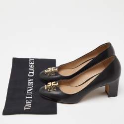 Pre Owned Tory Burch Black Leather Block Heel Pumps Size 38