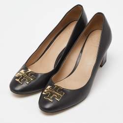 Pre Owned Tory Burch Black Leather Block Heel Pumps Size 38