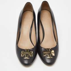 Pre Owned Tory Burch Black Leather Block Heel Pumps Size 38