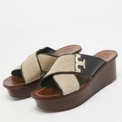 Tory Burch Beige/Black Canvas and Leather Platform Slide Sandals Size 36