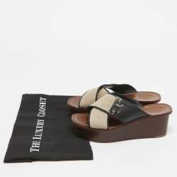 Tory Burch Beige/Black Canvas and Leather Platform Slide Sandals Size 36