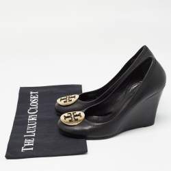 Tory Burch Black Leather Sally Wedge Pumps Size 37.5