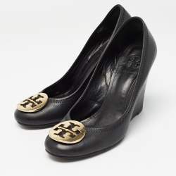 Tory Burch Black Leather Sally Wedge Pumps Size 37.5