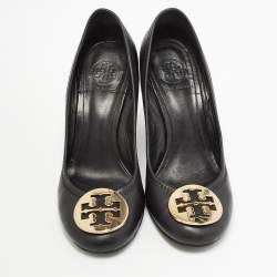 Tory Burch Black Leather Sally Wedge Pumps Size 37.5