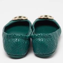 Pre Owned Tory Burch Green Leather Logo Ballet Flats Size 37
