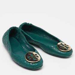 Pre Owned Tory Burch Green Leather Logo Ballet Flats Size 37