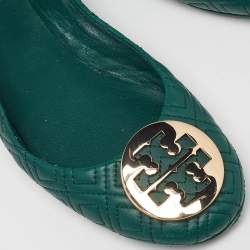 Pre Owned Tory Burch Green Leather Logo Ballet Flats Size 37