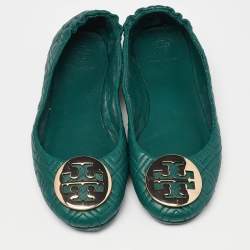 Pre Owned Tory Burch Green Leather Logo Ballet Flats Size 37