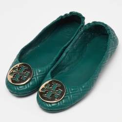 Pre Owned Tory Burch Green Leather Logo Ballet Flats Size 37
